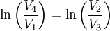 \ln\left(\frac{V_4}{V_1}\right) = \ln\left(\frac{V_2}{V_3}\right)